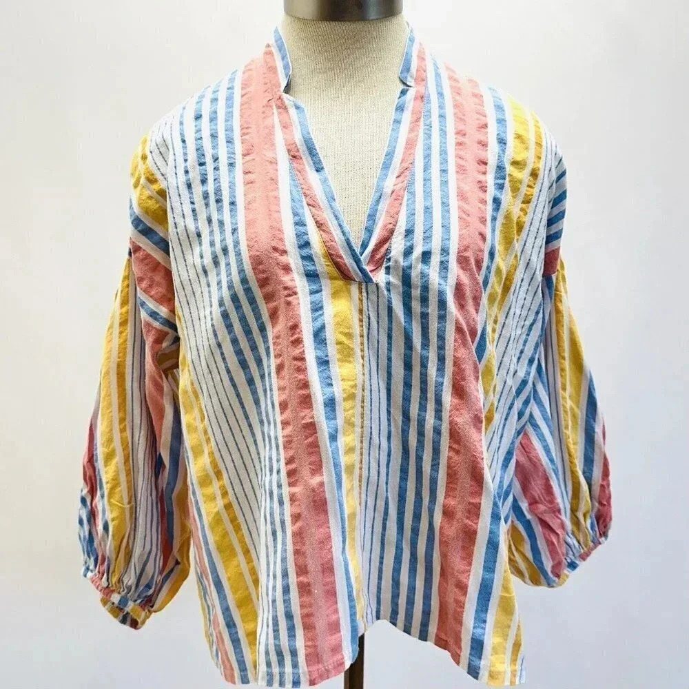 LOU & GREY Women Long Sleeve Pullover V-Neck Colorful Striped Cotton Top Sz XXS